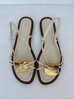 ZARA Women’s Slingback Sandals with Gold Accent Plate Cream 8